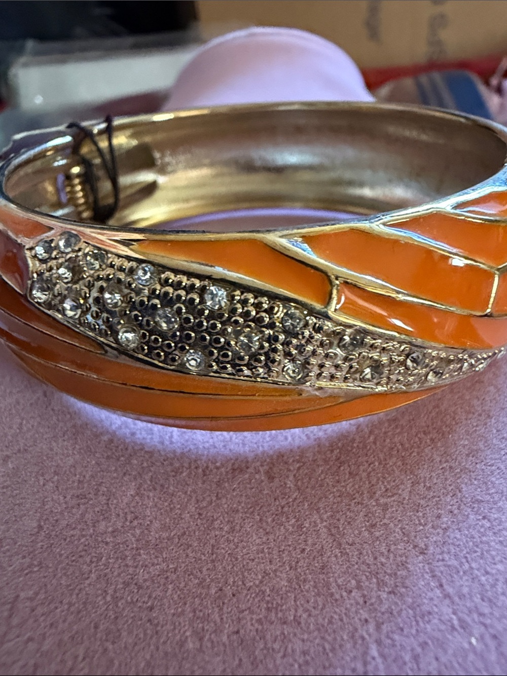 Gold-Tone Orange Enamel & Crystal Bracelet, 2.5” Dia, 1” Tall, (J0284)